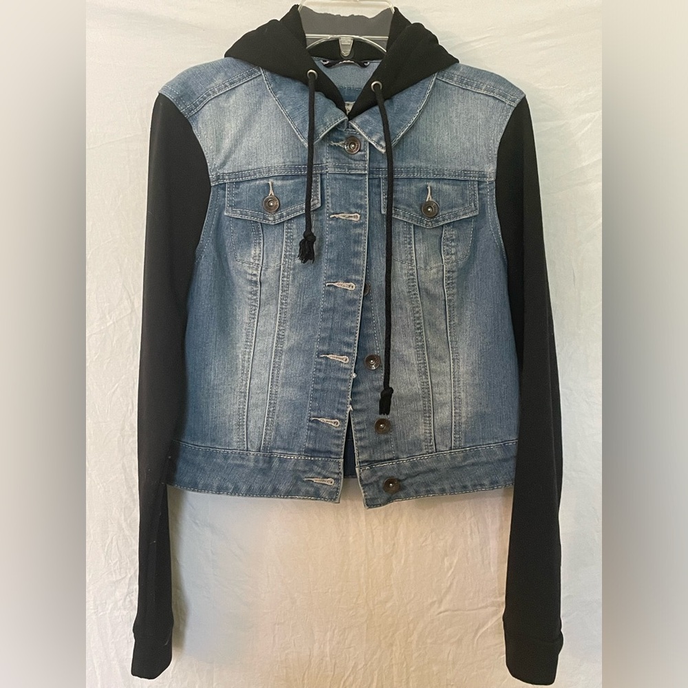 YMI denim jacket with black sweatshirt sleeve/hood size small